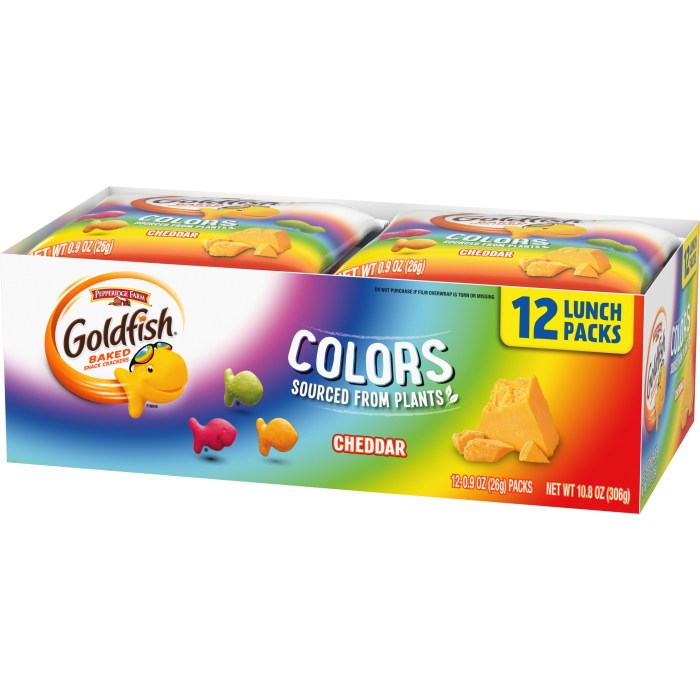 Goldfish® Colors Cheddar Crackers, 12 count box, 0.9 oz, bag - Right Angle Image