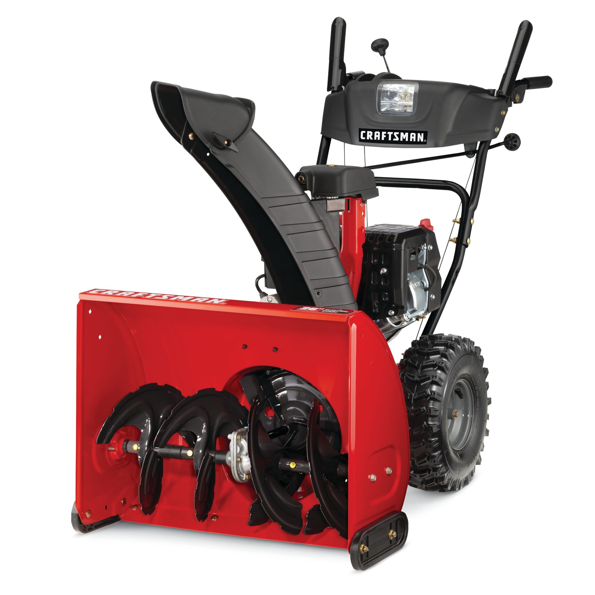 Right profile of 26 inch 208 CC electric start two stage snow blower.