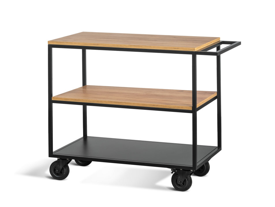 Three-level service trolley with wooden top and shelf