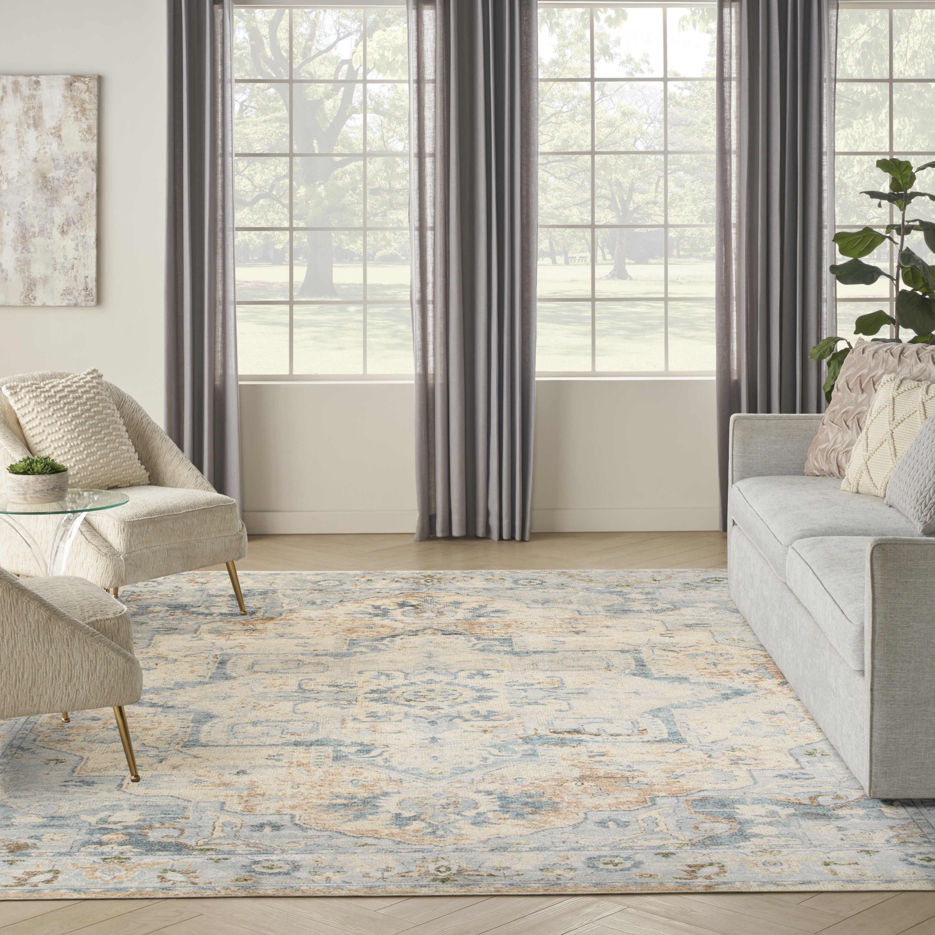 Nourison Astra Machine Washable 6'7" x 9' Beige Blue Vintage Indoor Rug