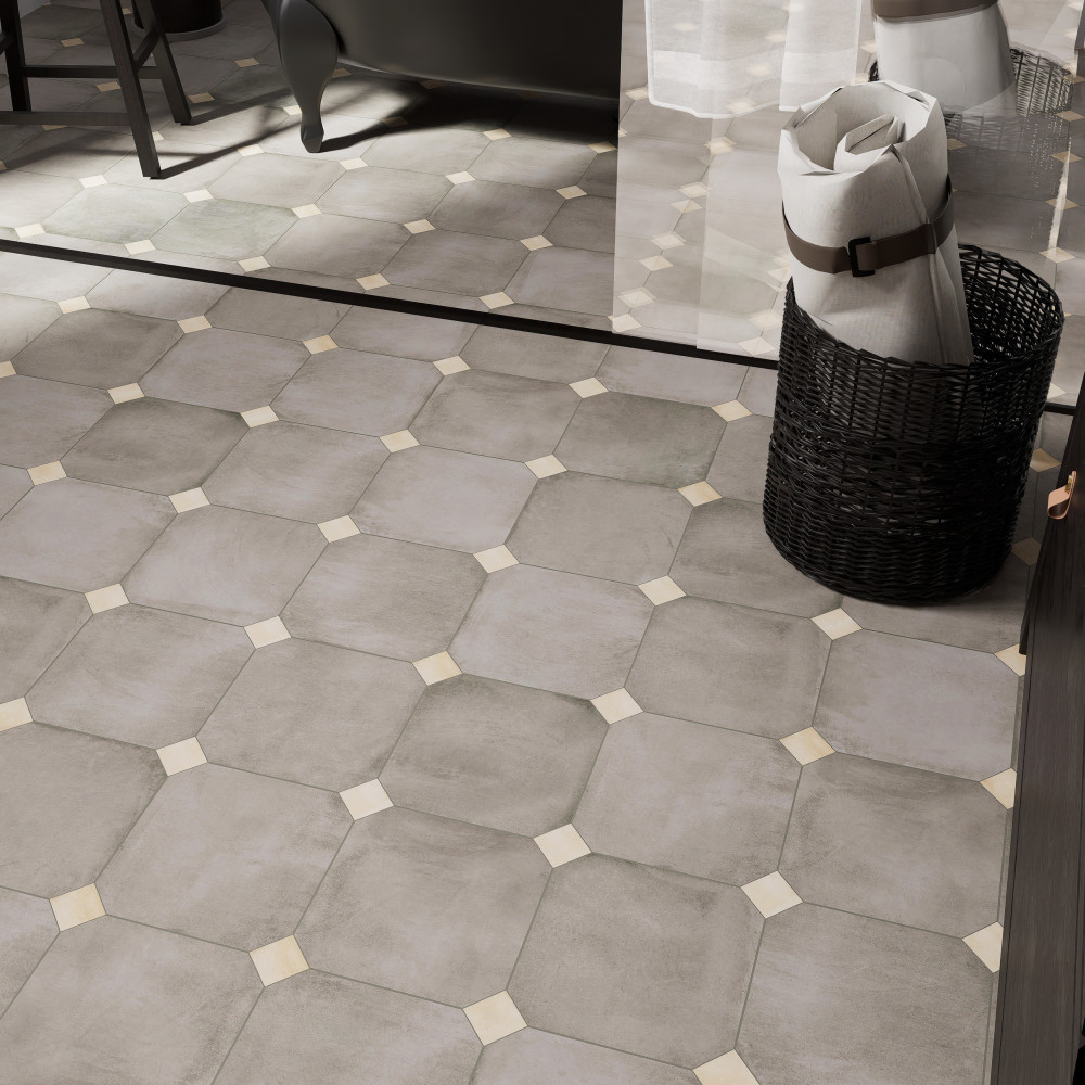 Laverton Octagon Grafito with Taco Beige 7-7/8 in. x 7-7/8 in. Porcelain Floor and Wall Tile