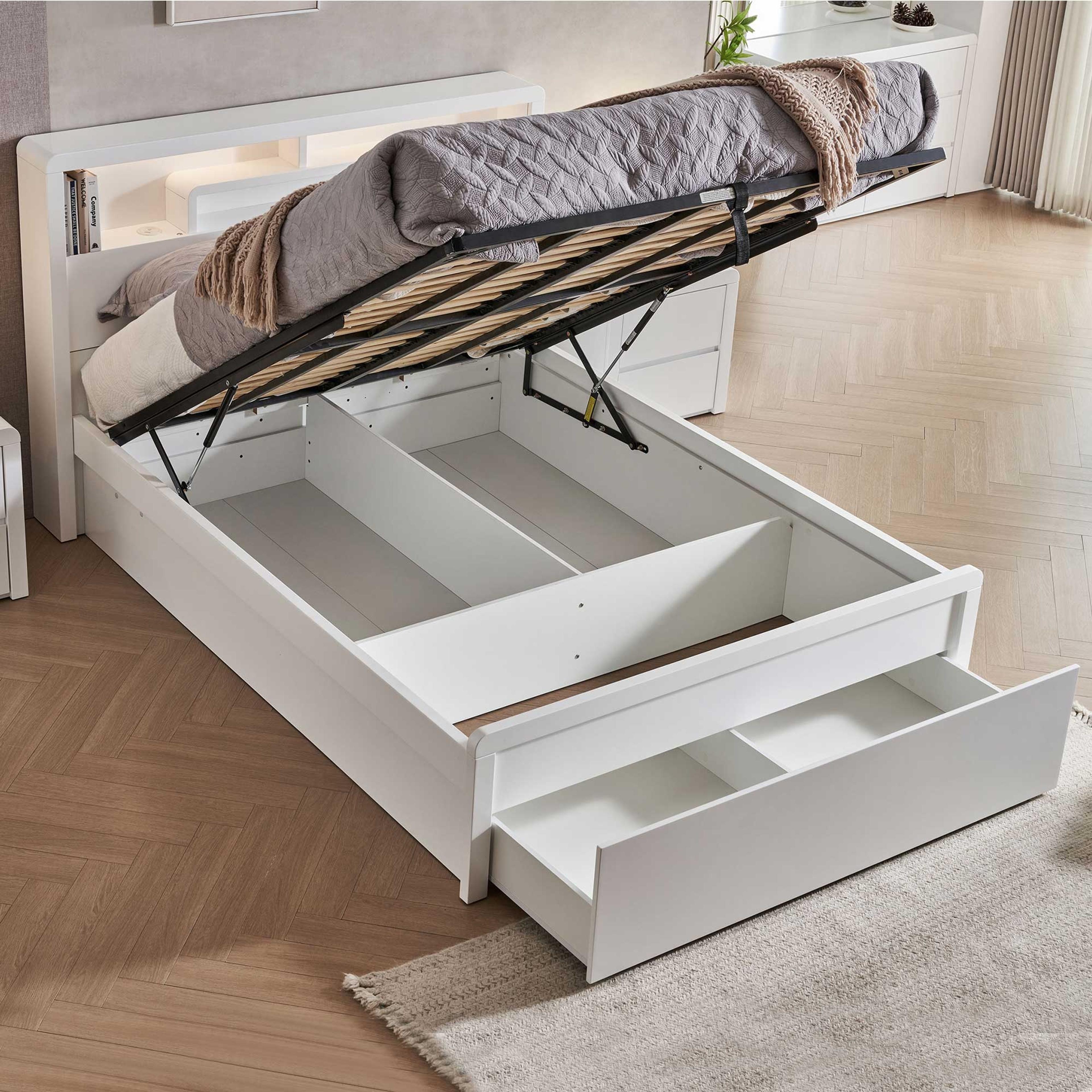 Lifestyle image of the  Aria Bed Frame, Front Slat Gas Lift & End Drawer Base, Ivory White from Forty Winks