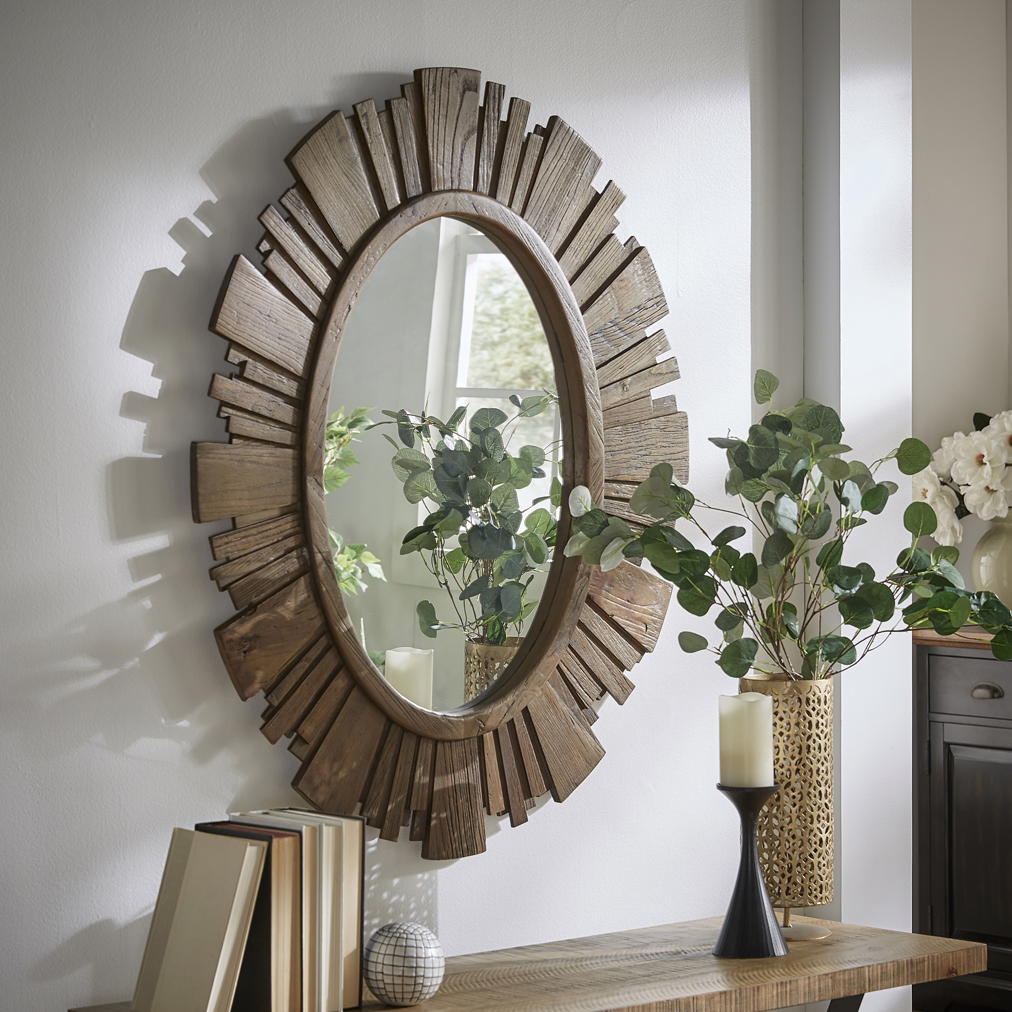 Oval Reclaimed Wood Sunburst Wall Mirror