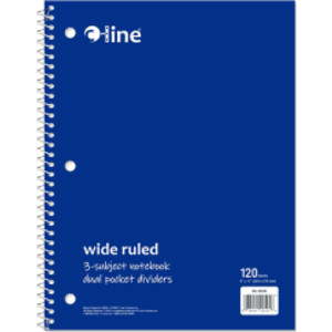Wide-Ruled 3-Subject Notebook, 120 Sheets, Blue
