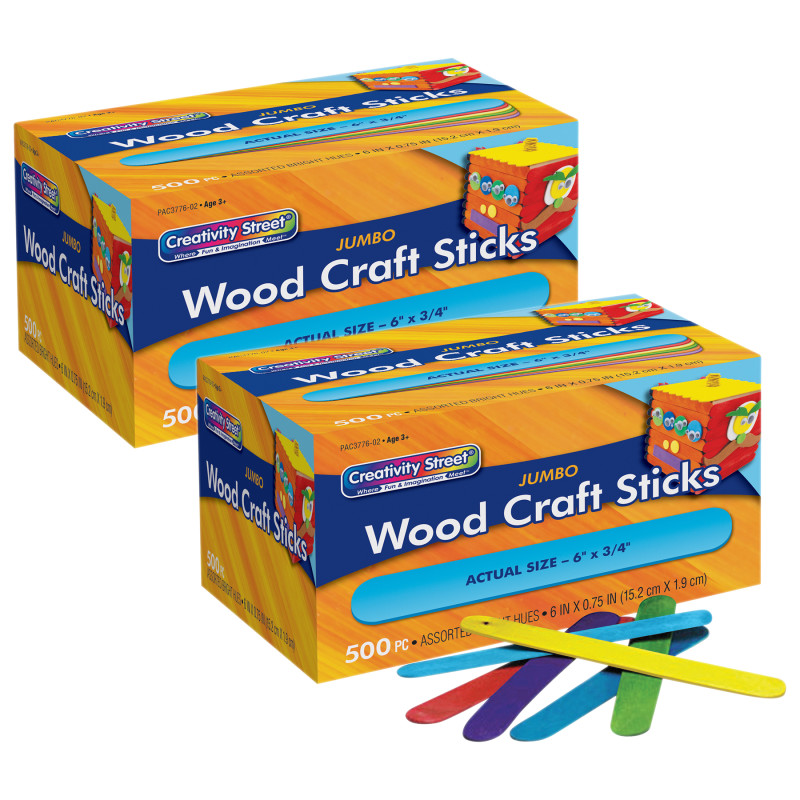 Jumbo Craft Sticks, Bright Hues Assorted, 6" x 0.75", 500 Pieces Per Pack, 2 Packs