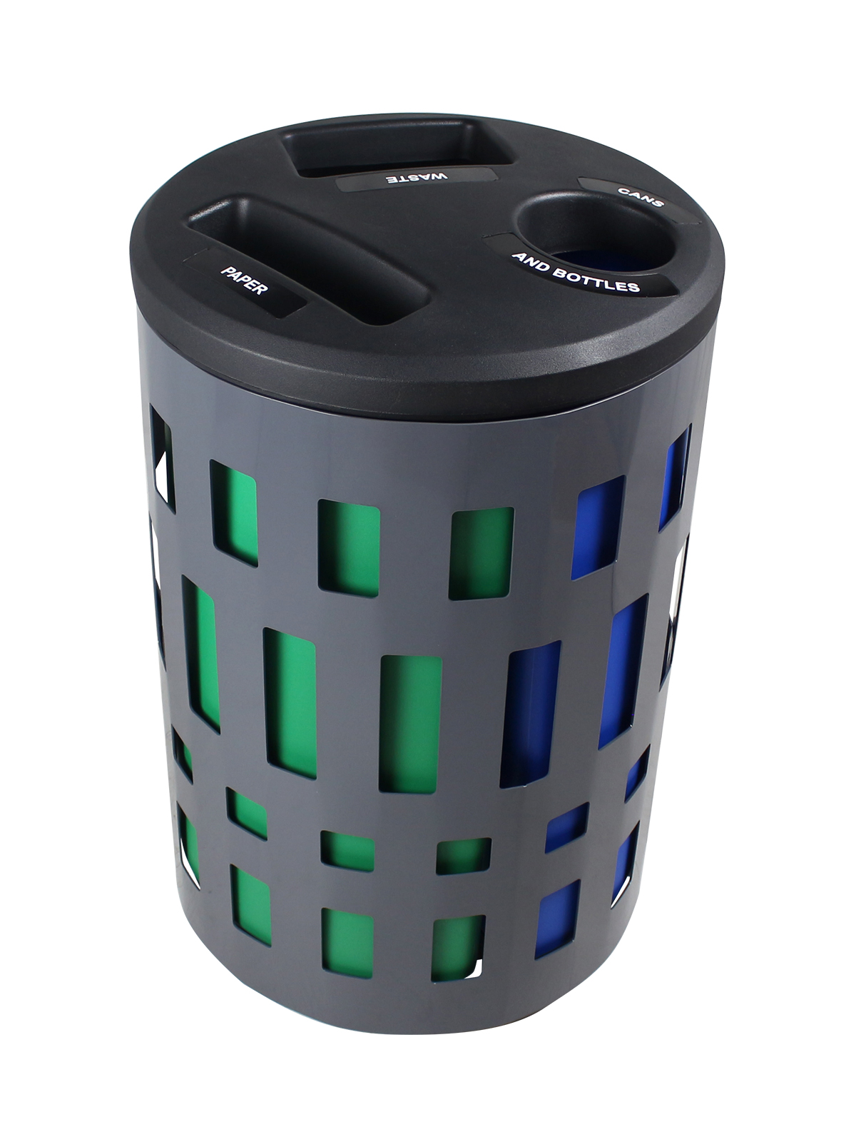 VANCOUVER – Triple – Cans & Bottles-Paper-Waste – Circle-Slot-Full – Dark Grey-Black-Blue-Green