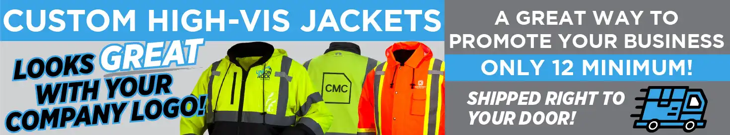 Custom High-Vis Jackets Banner Image: Looks great with your logo. A Great Way to Promote Your Business. Only 12 Minimum. Shipped Right to Your Door!
