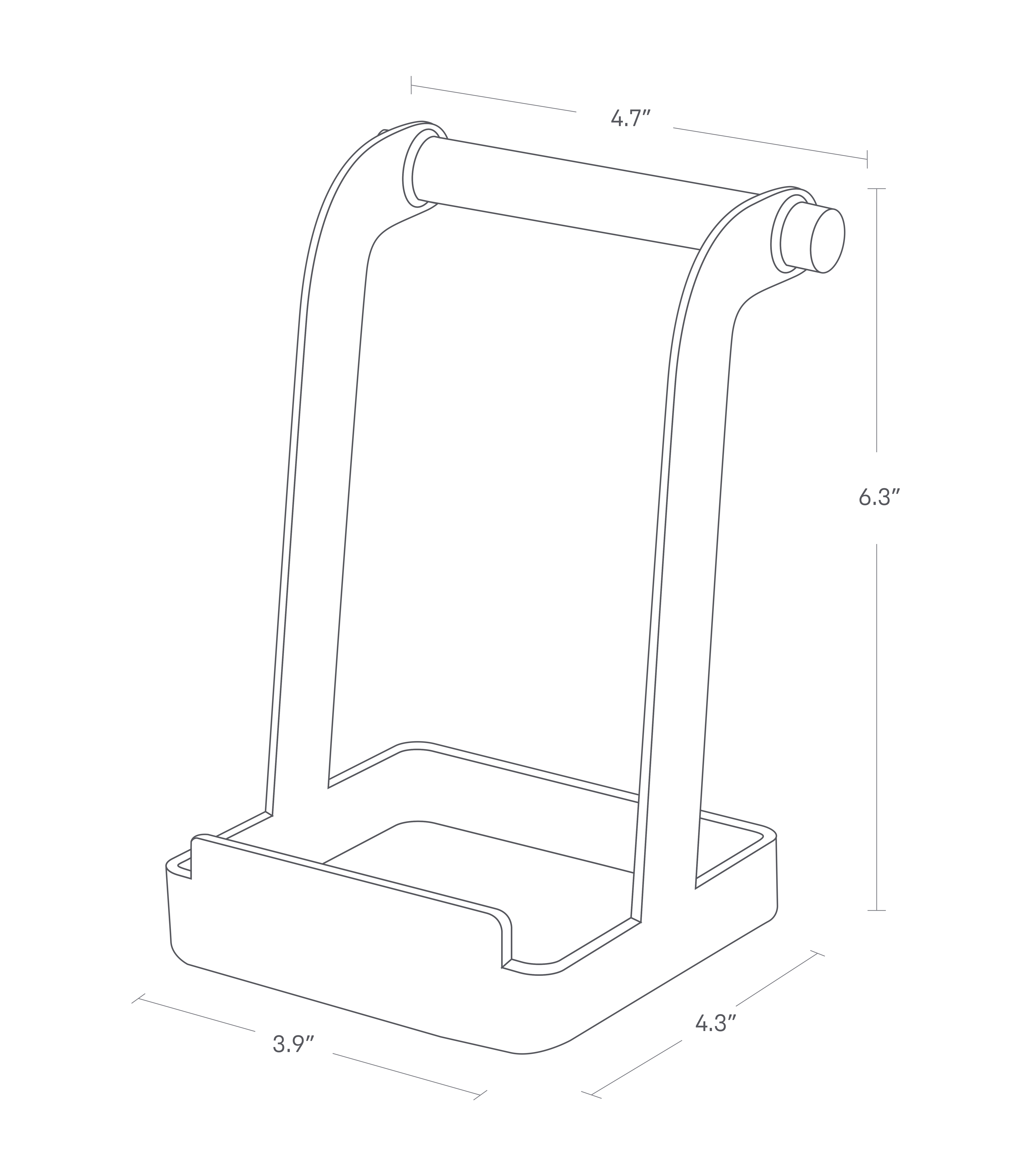 Dimension image of Lid & Ladle Stand with a height of 6.3 inches, a base width of 3.9 inches and depth of 4.3 inches, and top dowel width of 4.7 inches.