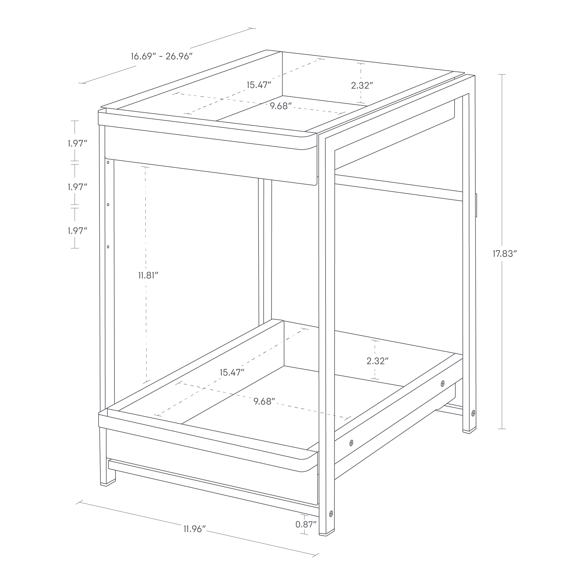 The image shows an under-sink rack with a pull-out shelf. Dimensions: height is 17.83", width is adjustable from 16.69" to 26.96", and depth is 11.96". The upper and lower shelves are 15.47" wide and 9.68" deep, with a 2.32" raised edge. The gap between shelves is 11.81". Leg thickness is 0.87".