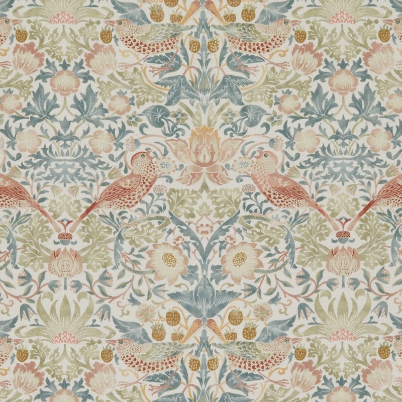 Wallpaper fabric patterned with stylized birds, tulips, and foliage repeats symmetrically across the surface in soft pastel greens, blues, and peaches, evoking a vintage Arts-and-Crafts floral motif.