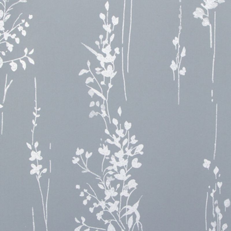 White, hand-drawn vertical floral-vine wallpaper covering a matte slate-blue wall, forming repeated slim columns of leaves and blossoms and creating a subtle vertical rhythm in soft, even light.
