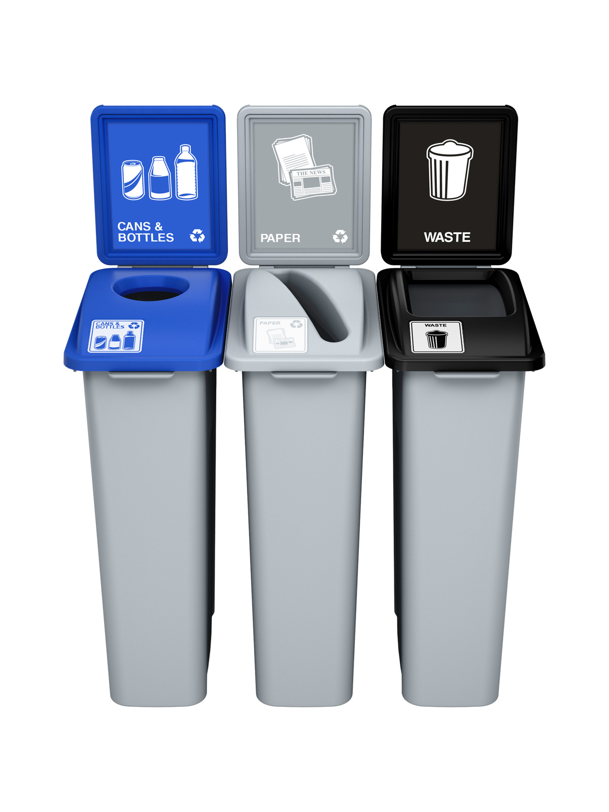 WASTE WATCHER – Triple – Kit – Cans & Bottles-Paper-Waste – Circle-Slot-Full – Grey-Blue-Grey-Black