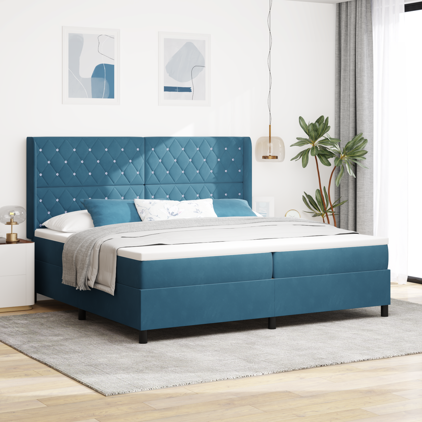 Box Spring Voodi Madratsiga & LED Tumedat Sinist 200x200 cm Velvet