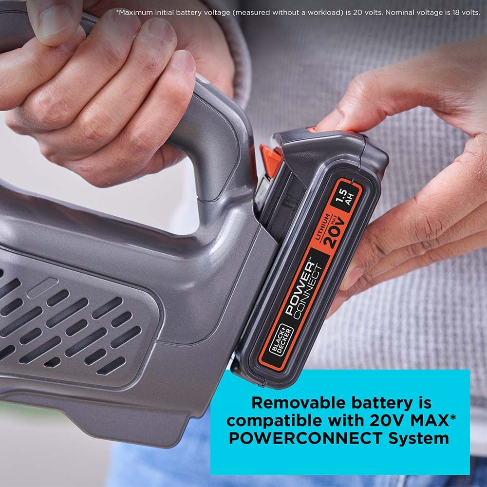 20 volt lithium battery being removed from Black and decker Dustbuster 20V MAX* POWERCONNECT Cordless Handheld Vacuum