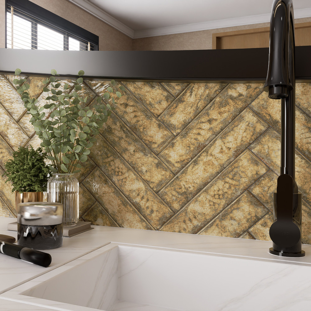 Gaudi React Brick Gold 2-3/8 in. x 9-3/4 in. Porcelain Floor and Wall Tile