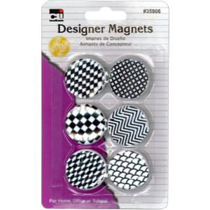 Designer Button Style Magnets, Assorted Designs, Black/White, Pack of 6