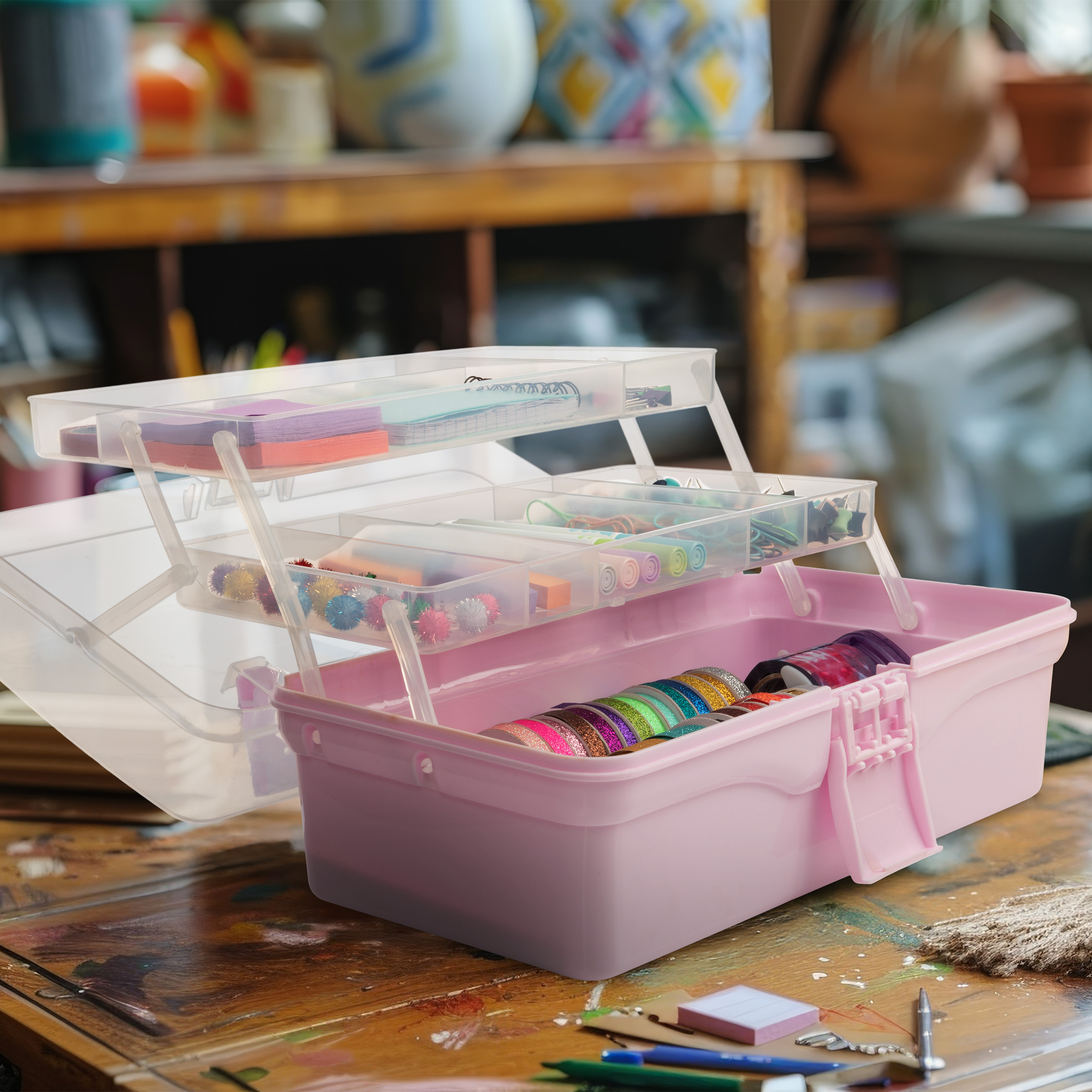 14” Plastic Tackle Box 3-Layer Sewing Box, Art Caddy, Craft Storage