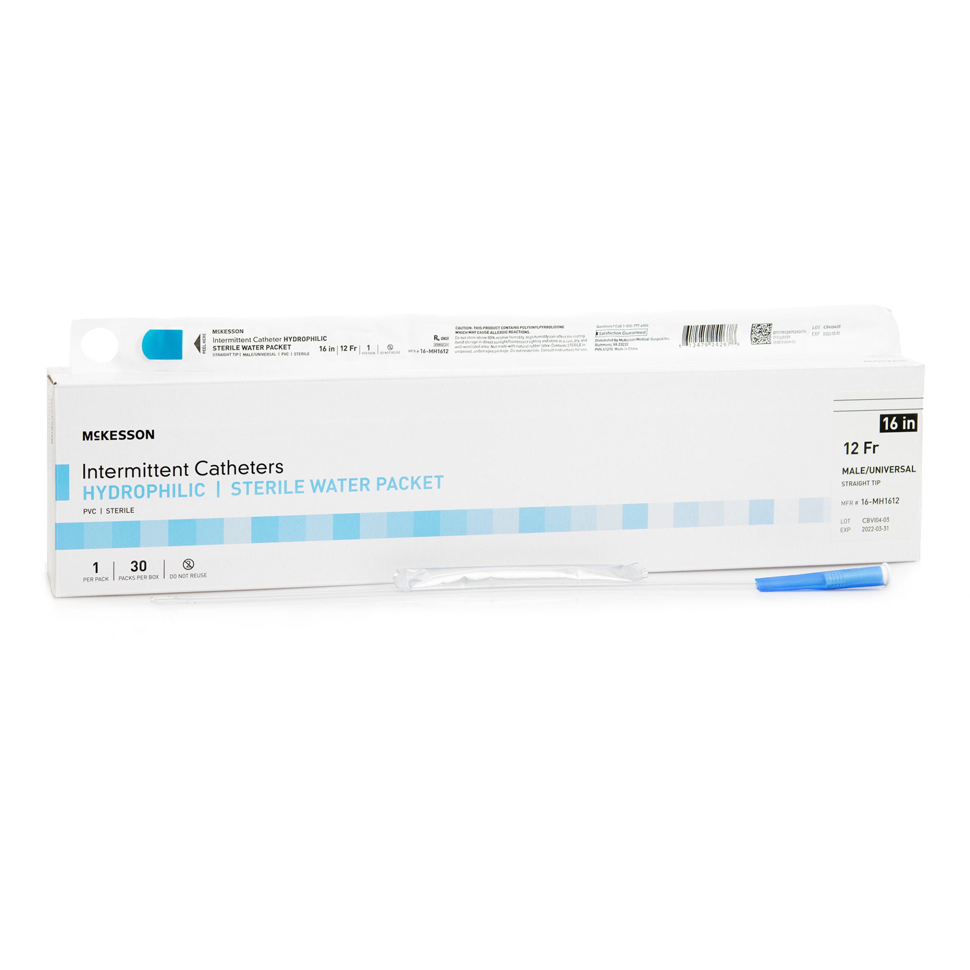 McKesson Brand CATHETER, URETH STRT TIP HYDROPHILIC 12FRX16" (30/BX)