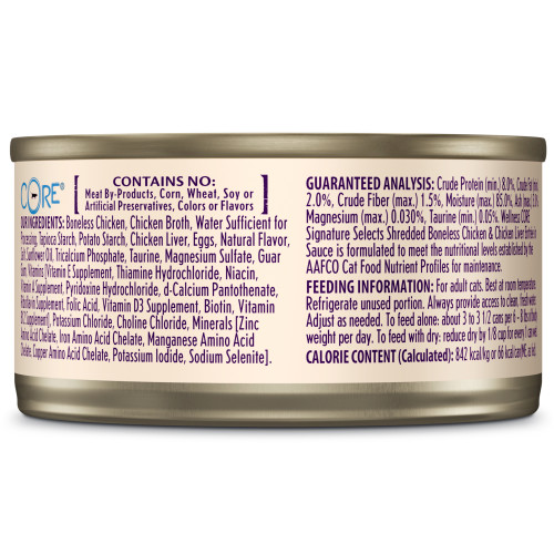 Wellness CORE Signature Selects Shredded Chicken & Chicken Liver in Sauce back packaging