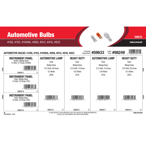 Automotive Bulbs Assortment (168, 193, 194NA, 906, 912, 916, 922