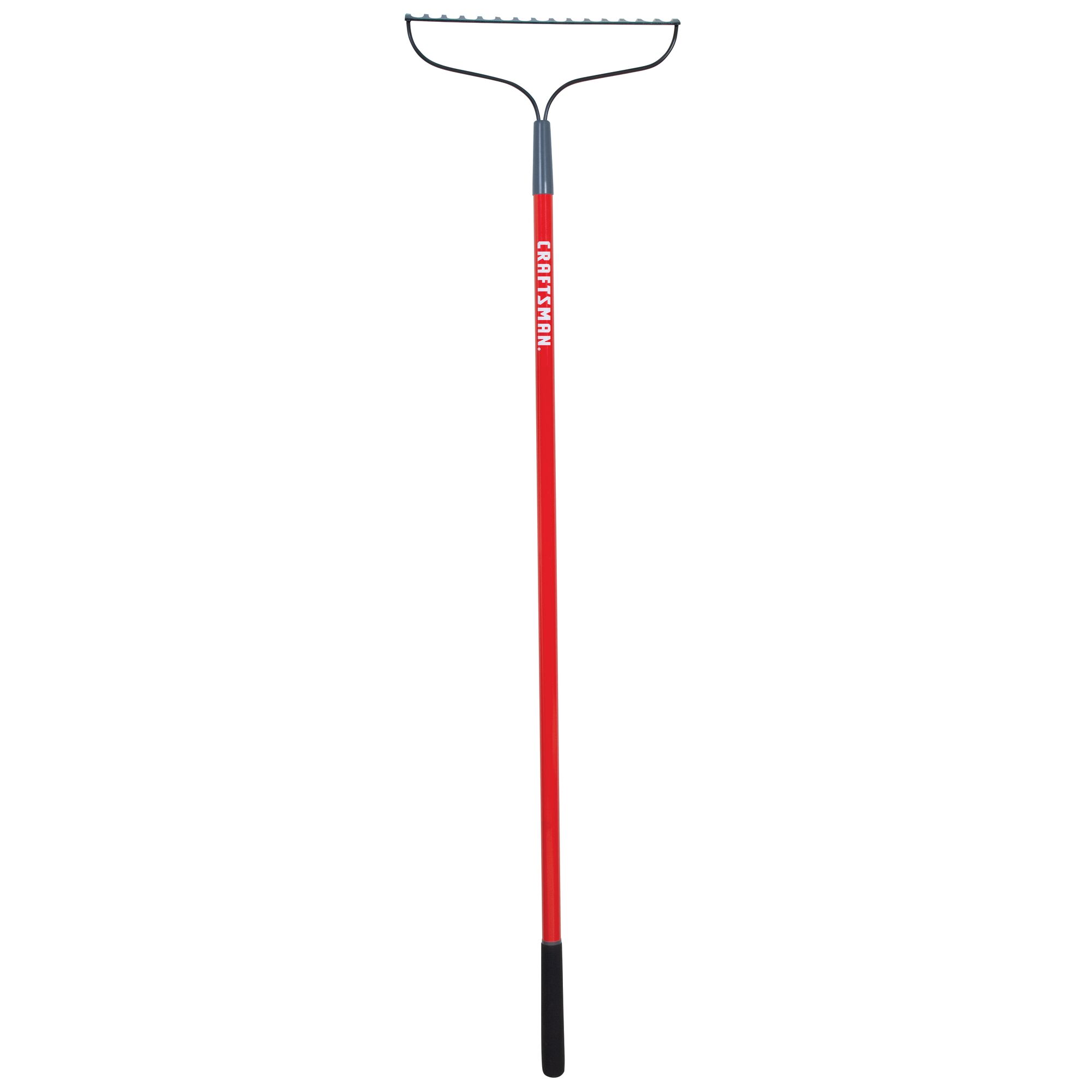 Profile of fiberglass handle garden rake.