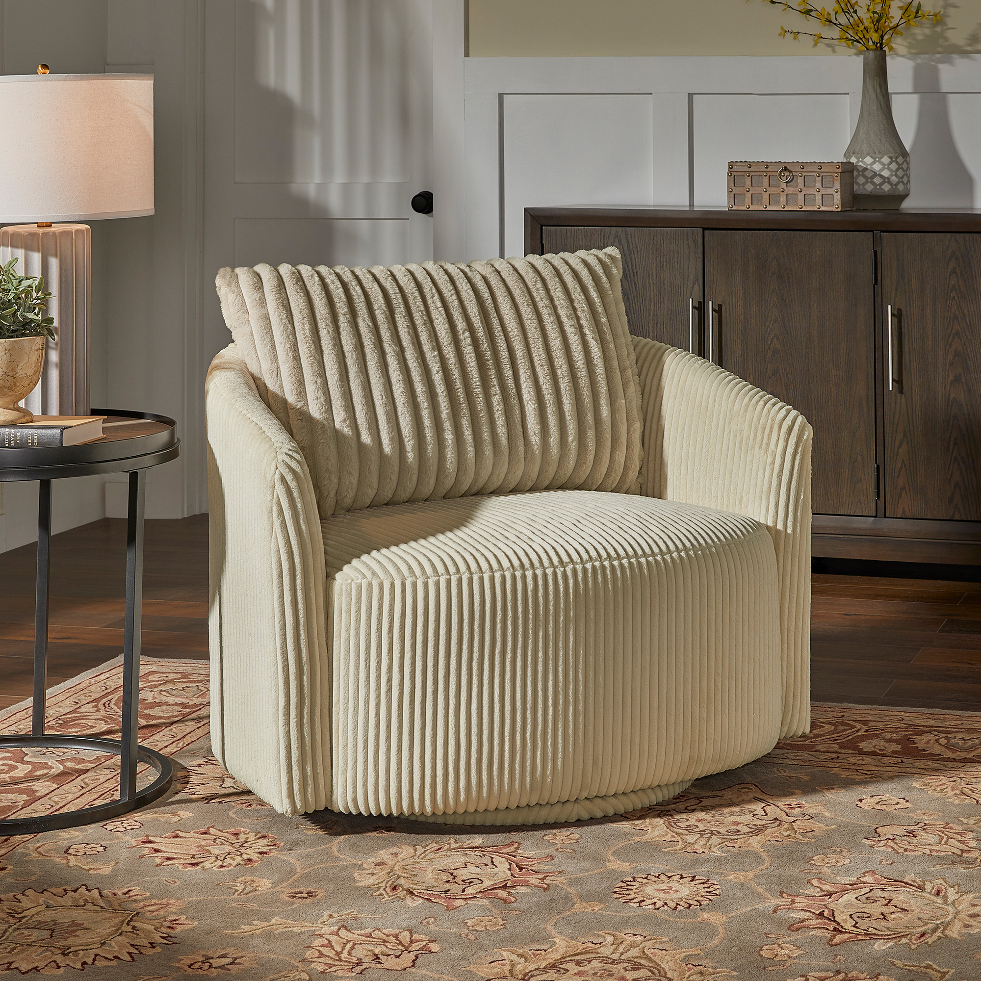 Oversized Wale Corduroy Swivel Accent Chair with Furry Channel Pillow