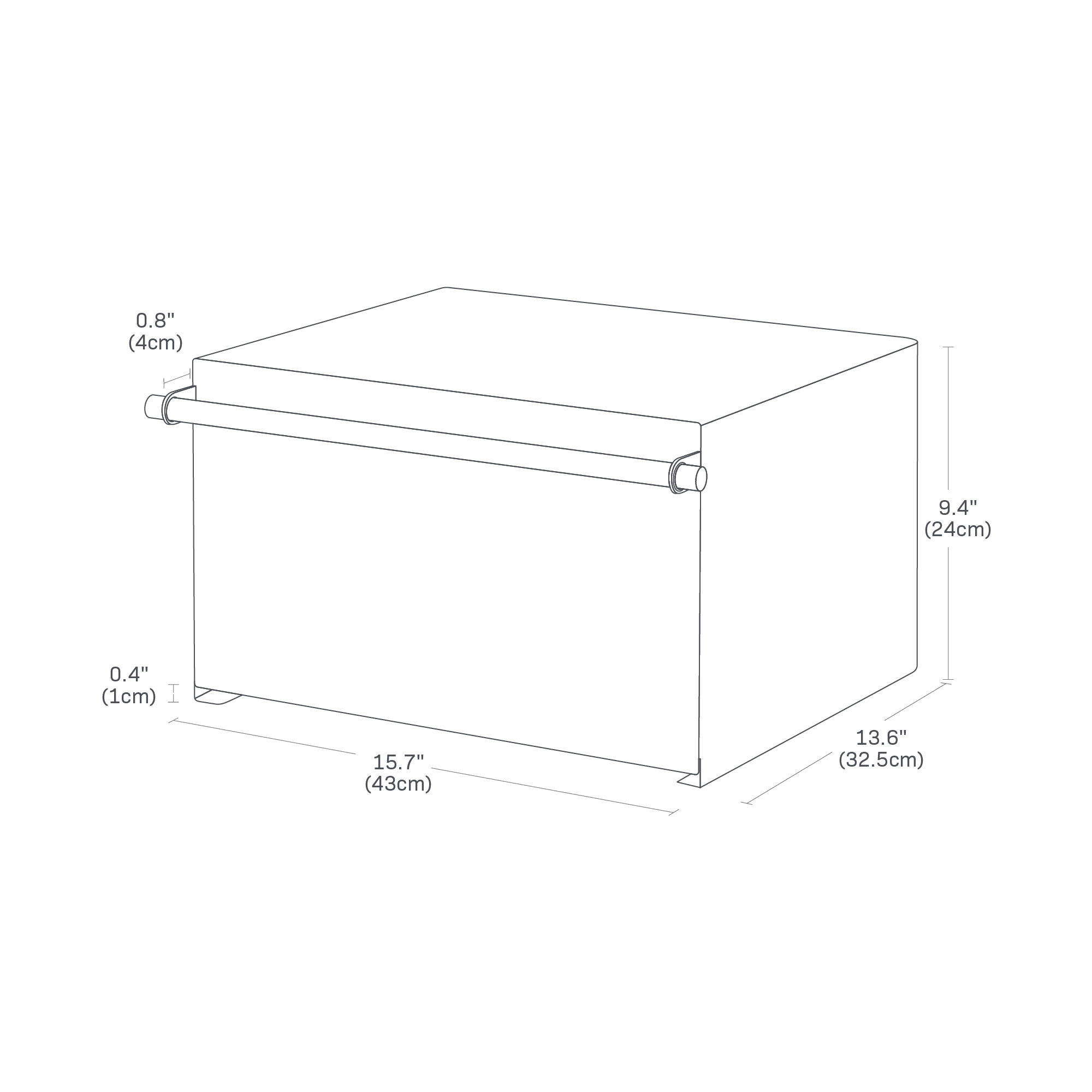 Dimension image of Horizontal Bread Box with a width of 15.7 inches, depth of 13.6 inches, and height of 9.4 inches. The space between the handle and the front panel of the box is 0.8 inches.