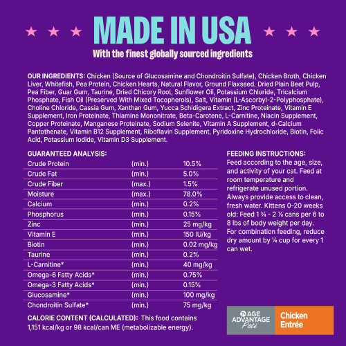 <p>Chicken (Source of Glucosamine and Chondroitin Sulfate), Chicken Broth, Chicken Liver, Whitefish, Pea Protein, Chicken Hearts, Natural Flavor, Ground Flaxseed, Dried Plain Beet Pulp, Pea Fiber, Guar Gum, Taurine, Dried Chicory Root, Sunflower Oil, Potassium Chloride, Tricalcium Phosphate, Fish Oil (Preserved With Mixed Tocopherols), Salt, Vitamin C (L-Ascorbyl-2-Polyphosphate), Choline Chloride, Cassia Gum, Xanthan Gum, Yucca Schidigera Extract, Zinc Proteinate, Vitamin E Supplement, Iron Proteinate, Thiamine Mononitrate, Beta-Carotene, L-Carnitine, Niacin Supplement, Copper Proteinate, Manganese Proteinate, Sodium Selenite, Vitamin A Supplement, d-Calcium Pantothenate, Vitamin B12 Supplement, Riboflavin Supplement, Pyridoxine Hydrochloride, Biotin, Folic Acid, Potassium Iodide, Vitamin D3 Supplement. </p>
