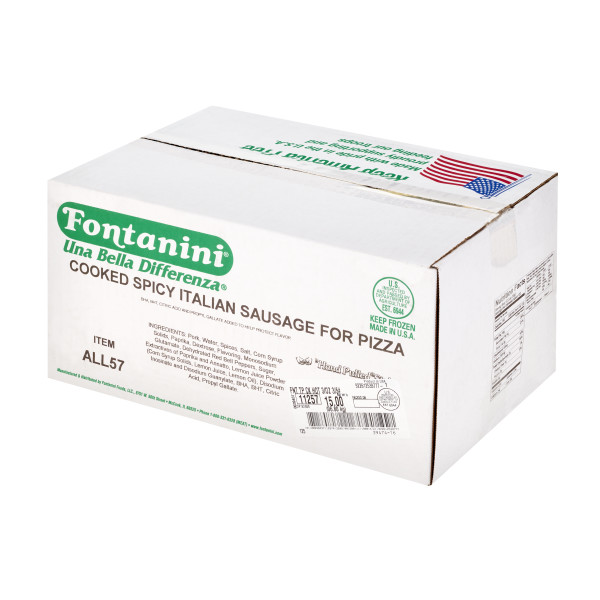 FONTANINI(r) Spicy Italian Sausage Topping, Cooked, Chunk, 3-5/oz, 3/5 lb . C1RA - Front Right Closed Case (Hi Res)