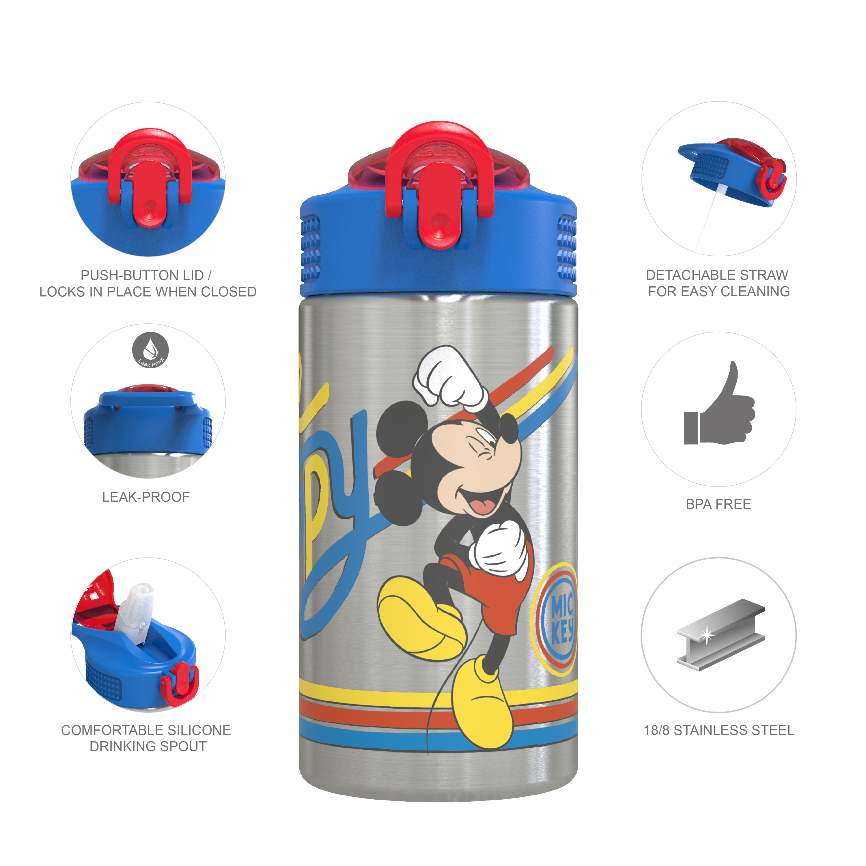 Disney 15.5 ounce Stainless Steel Water Bottle with Carrying Loop and Screw-on Lid, Mickey Mouse slideshow image 7 Disney 15.5 ounce Stainless Steel Water Bottle with Carrying Loop and Screw-on Lid, Mickey Mouse slideshow image 7