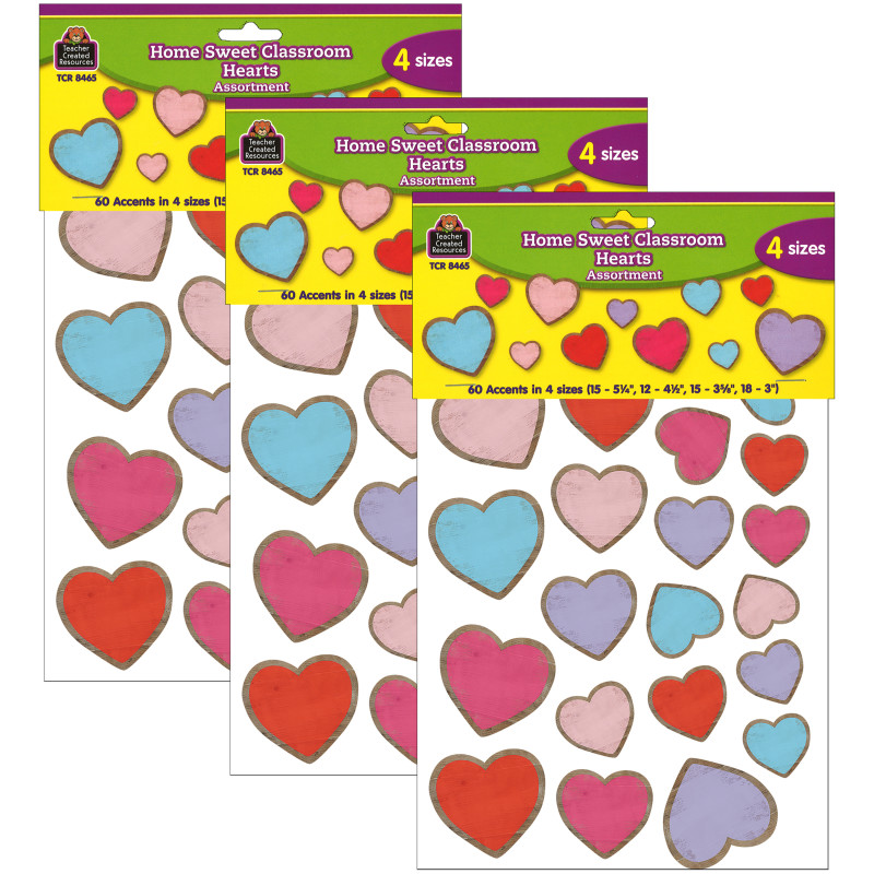 Home Sweet Classroom Hearts Accents, Assorted Sizes, 60 Per Pack, 3 Packs