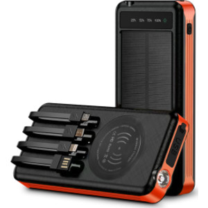 10000mAh Solar Power Bank with Wireless Charging and Built-in Cables, Orange