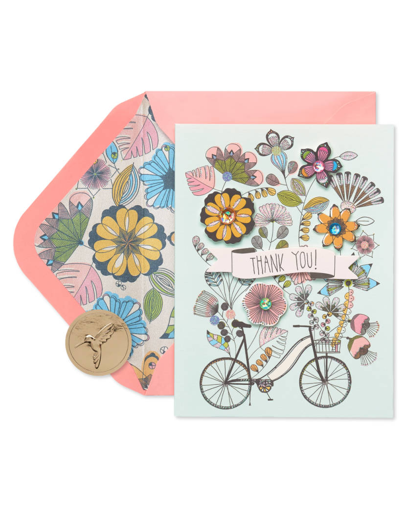 Flowers & Bike Handmade Thank You Boxed Blank Note Cards with Glitter 8-Count