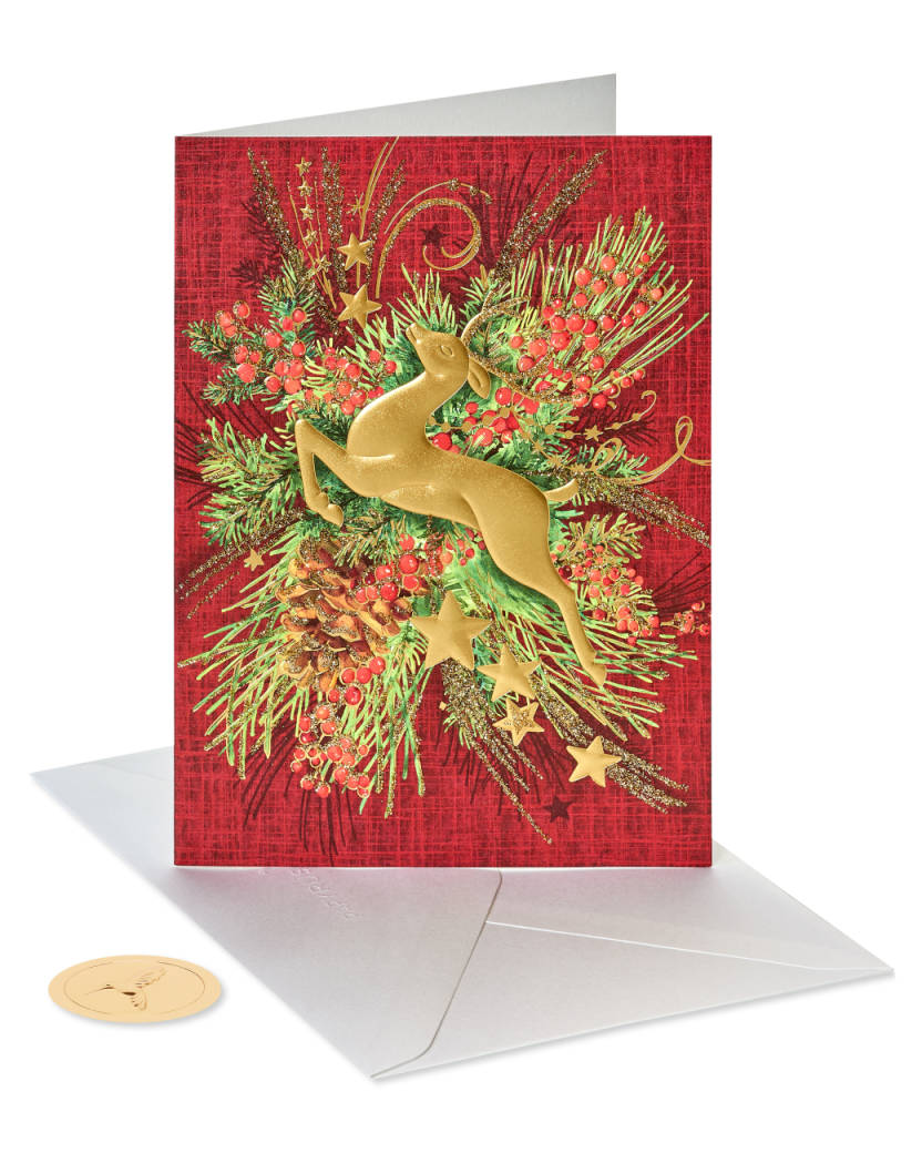 Gold Holiday Reindeer Forest Holiday Boxed Cards, 12-Count Image 5