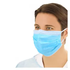 person wearing a blue surgical mask.