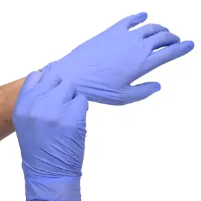 close up hands putting on blue nitrile gloves.