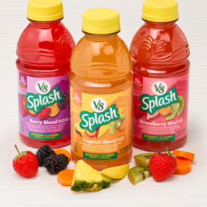 Styledimage for V8 Splash® Berry Blend, Tropical Blend and Strawberry Kiwi Flavored Juice Beverages, 16 fl oz Bottle (12 Pack)