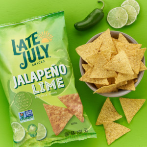 Styledimage for Late July Snacks, Jalapeño Lime Tortilla Chips, 2 Oz Snack Bag