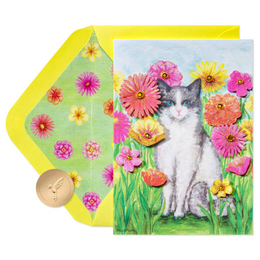 Cat & Flowers Blank Cat Birthday Greeting Card - Designed by Bella Pilar