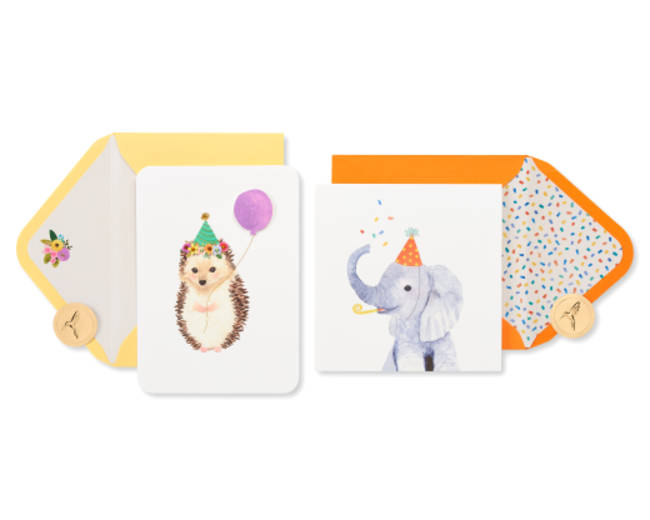 Hedgehog and Elephant Birthday Greeting Card Bundle for Kids 2-Count