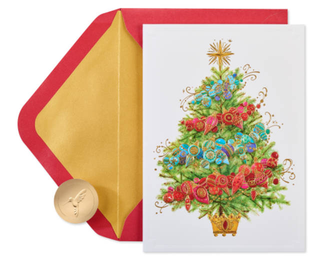 Christmas Tree with Holiday Ornaments Christmas Boxed Cards - Glitter-Free, 12-Count