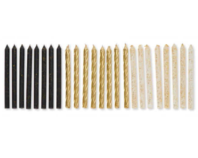 Gold Glittered Black White and Gold Birthday Candles 24-Count