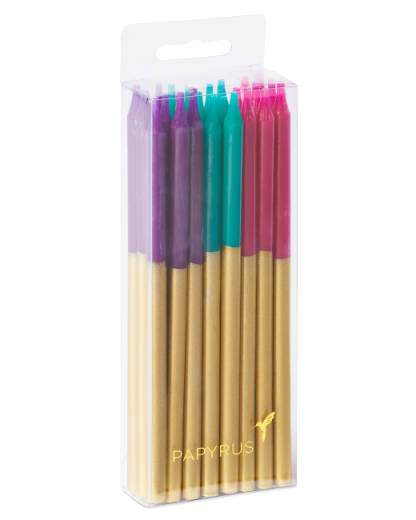 Gold Dip Purple Aqua & Fuchsia Birthday Candles 24-Count