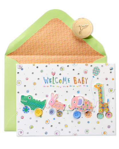 Critter Pull Along New Baby Greeting Card