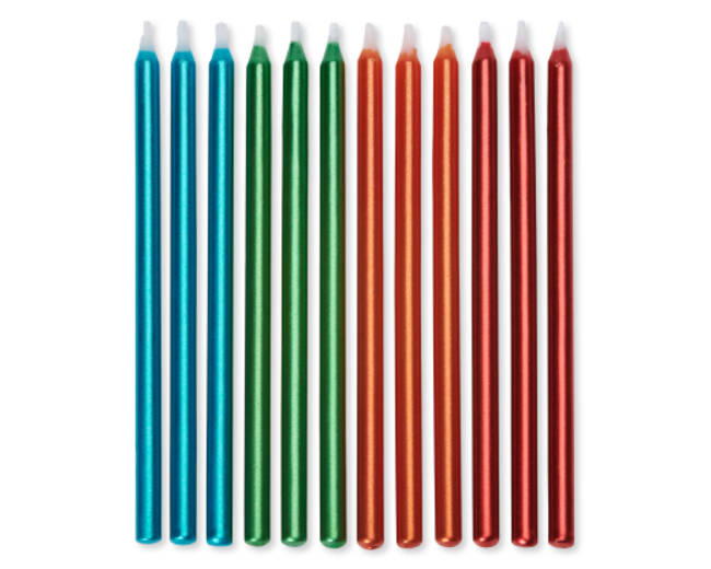 Birthday Candles Metallic Blue Green Orange and Red 12-Count