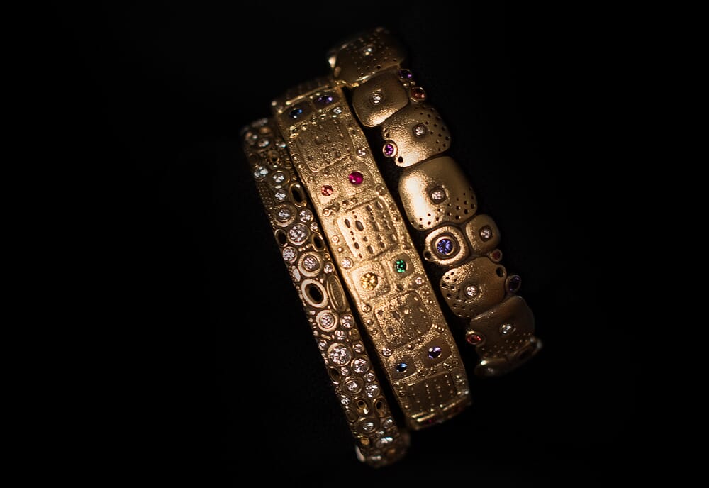 Alex Sepkus 18K, Sapphire and Diamond Narrow "Little Orchard" Cuff Bracelet - 14 sapp (purple/orange/violet) - 1.19ct, 17 diamonds 0.21ct. MPN B-38|B-38