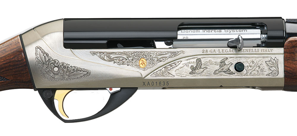 Benelli Legacy Satin walnut / WeatherCoat?, Nickel/blue. Etched game scene 26" 28ga 10435