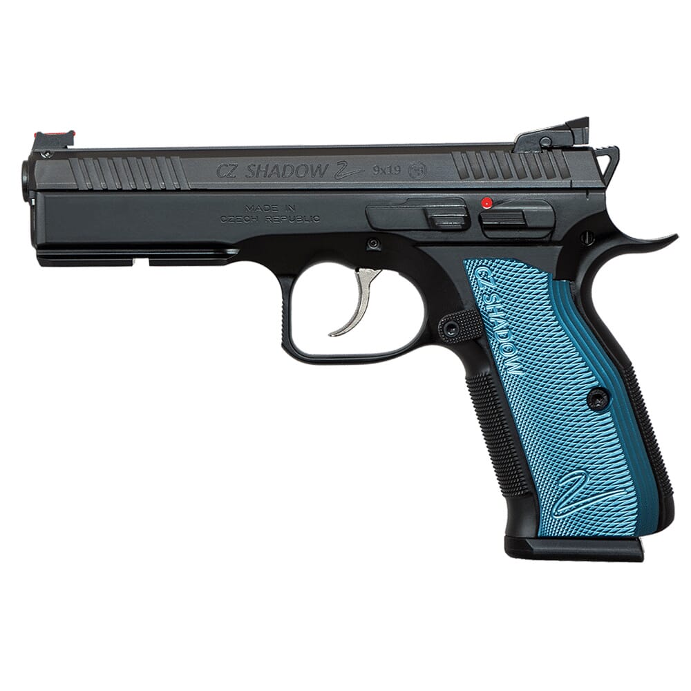 CZ-USA Shadow 2 9mm 17rd Blk Handgun w/Polycoat Steel Frame, Nitride Slide, FO Front/Blk Serrated Hajo Rear, Blue Alum Grips 91257