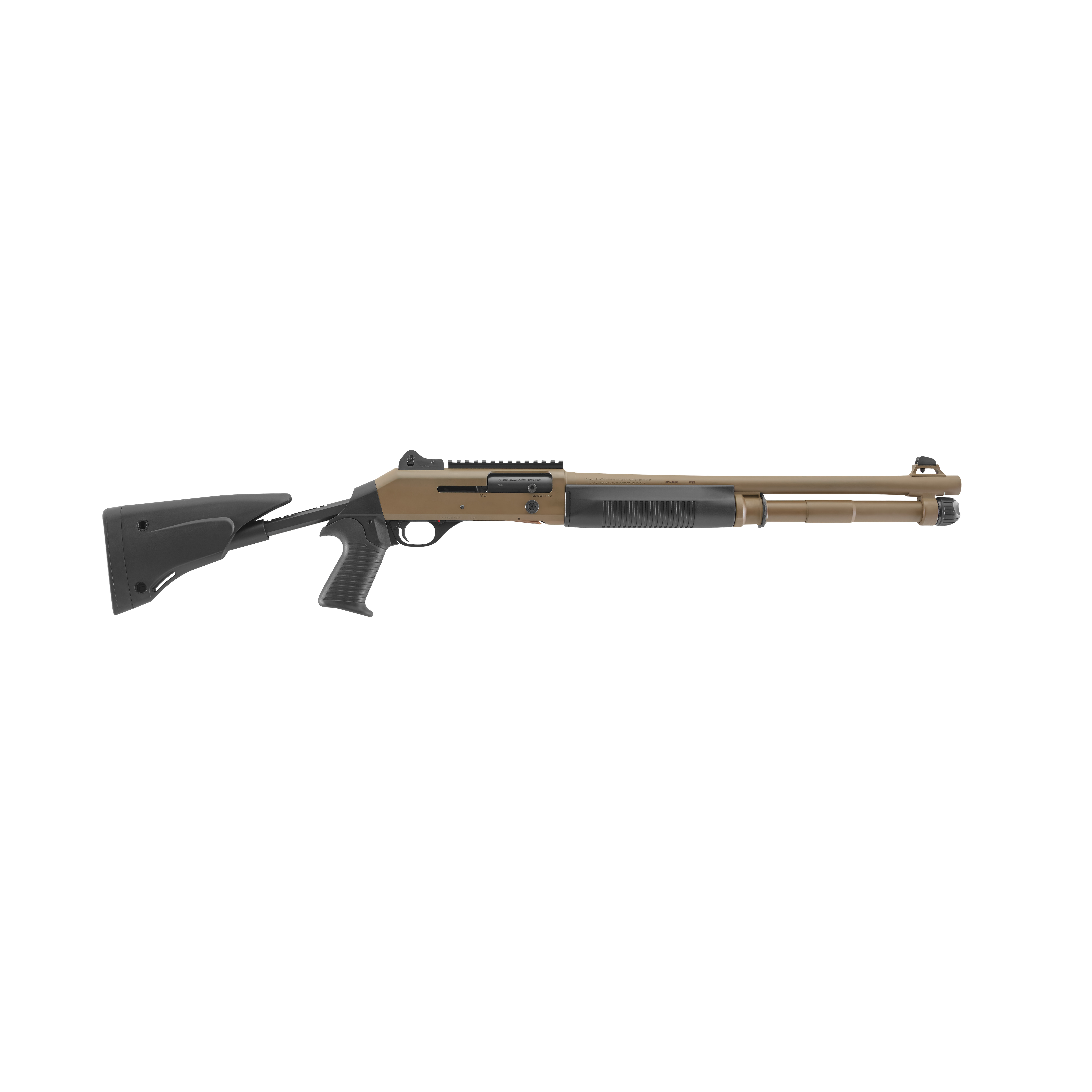 Benelli M4 EXT 12 GA 18.5&quot; Bbl ARGO Dual-Piston 7+1 Cap Enlarged Bolt Release Pic Rail Ghost Ring Sights Pistol Grip Tele Stock FDE Shotgun 11788