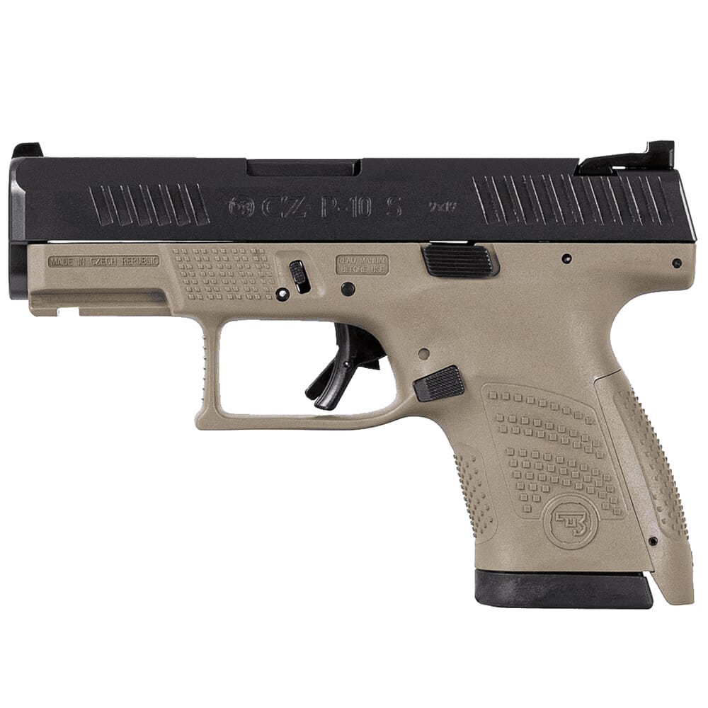 CZ-USA P-10 S 9mm 10rd FDE Handgun w/Polymer Frame, Nitride Slide, Fixed Sights, 3 Back Straps, Rev Mag Catch 81561